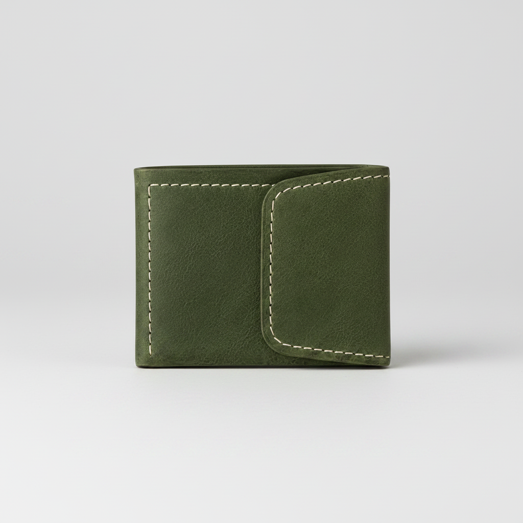 An olive green leather bifold wallet with contrasting light beige stitching, shown closed on a plain white background.
