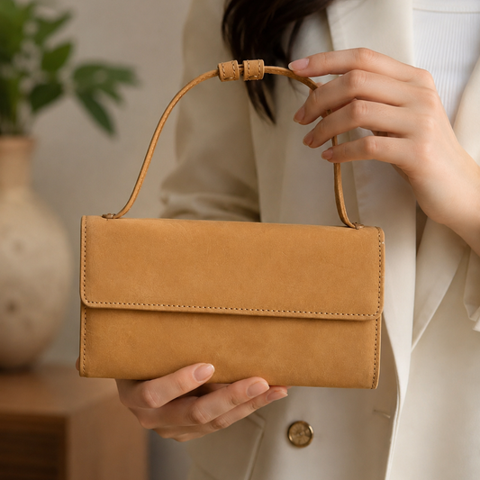 Person holding a tan handbag with a neutral background