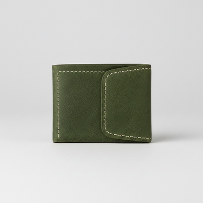 An olive green leather bifold wallet with contrasting light beige stitching, shown closed on a plain white background.