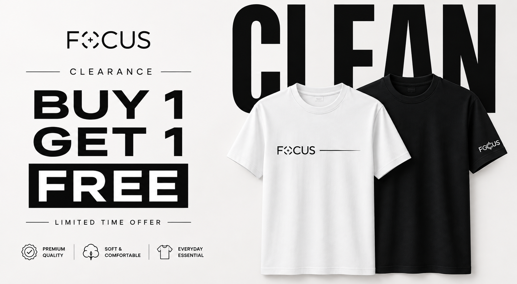 Two short-sleeve crew-neck T-shirts from FOCUS, one white and one black, displayed side-by-side with promotional text 'BUY 1 GET 1 FREE' on a light gray background.