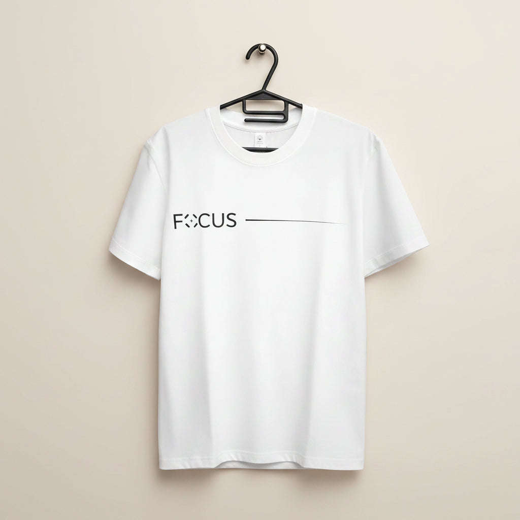 White t-shirt with 'FOCUS' text on a hanger against a brown background