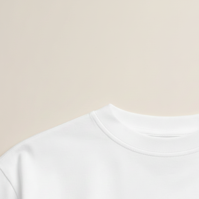 White t-shirt on a hanger against a brown background