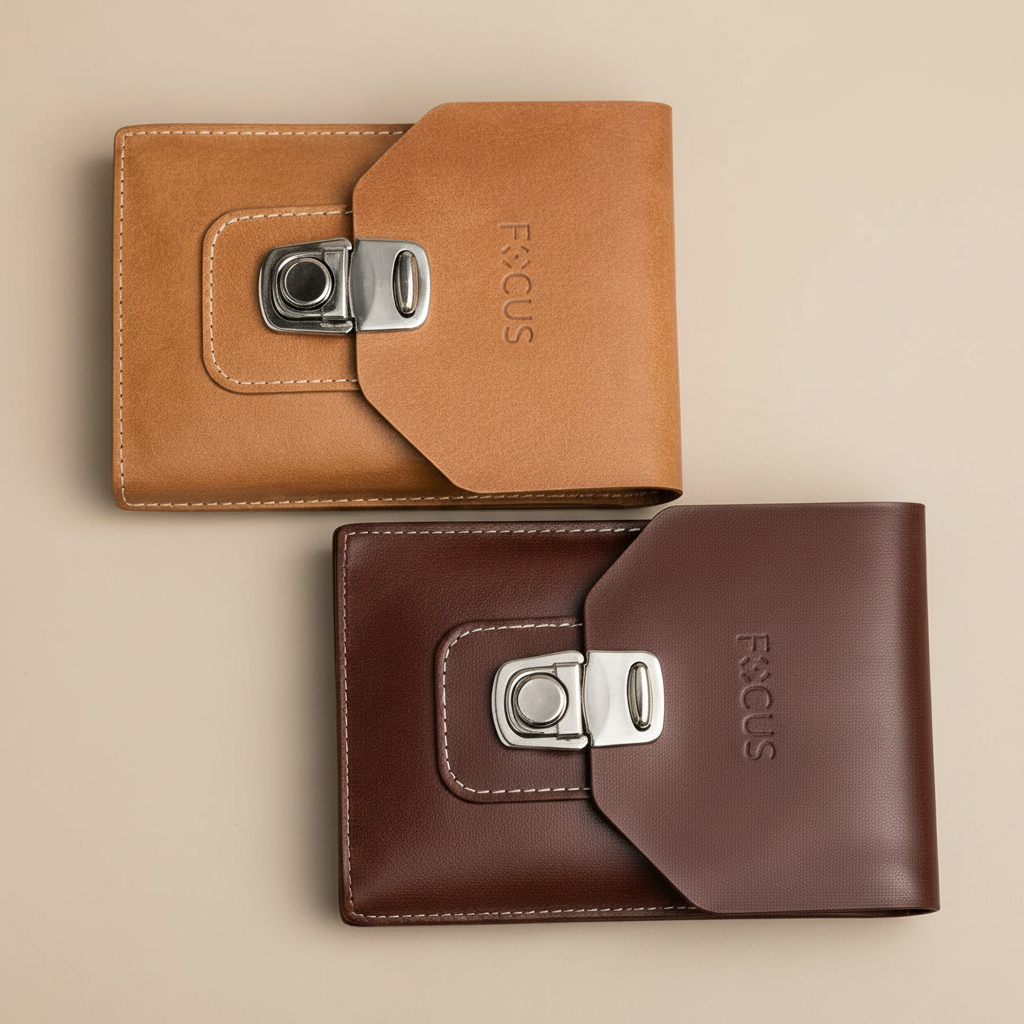Two brown leather cases with 'FOCUS' branding on a light gray background