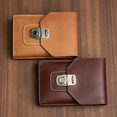 Two brown leather cases with 'FOCUS' branding on a light gray background