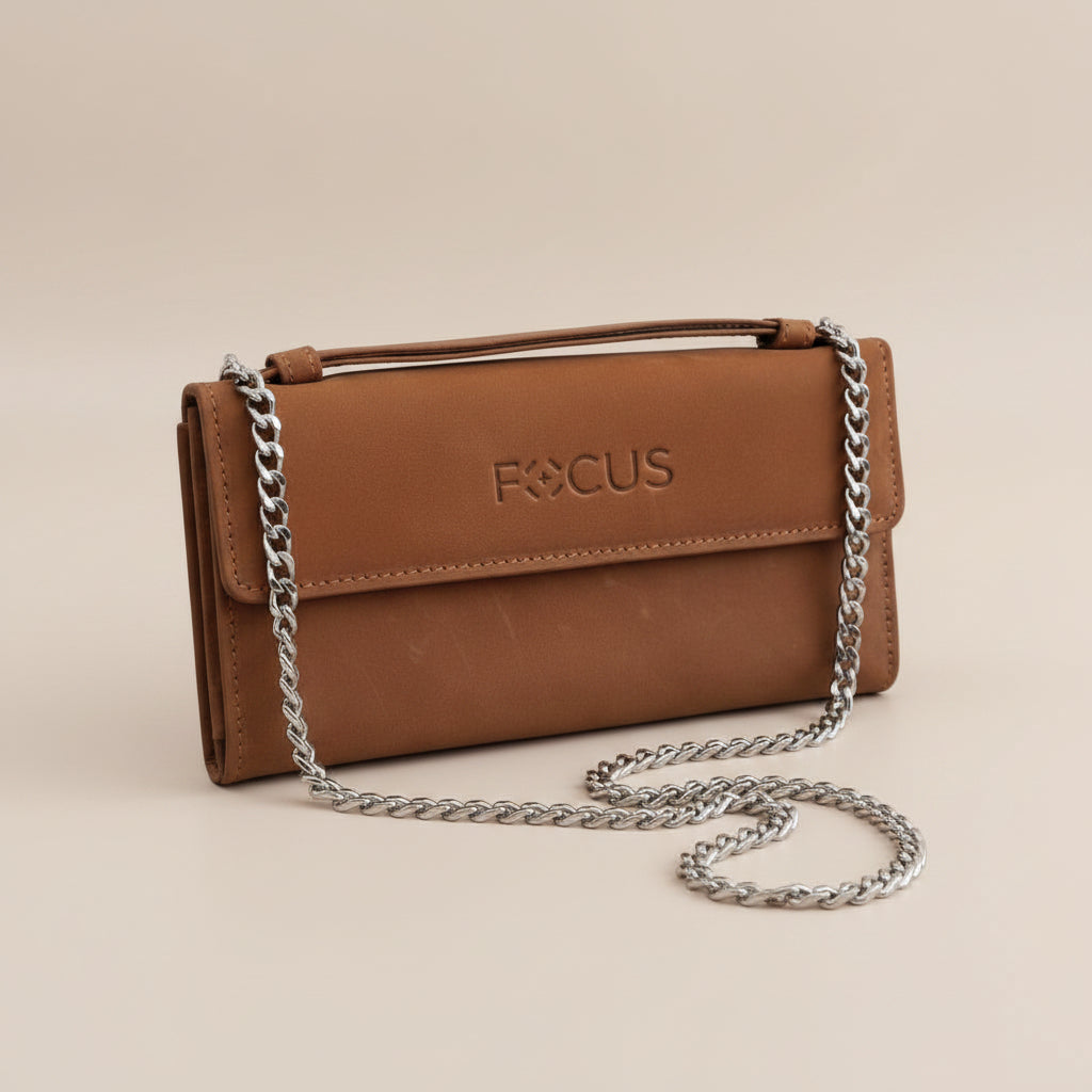 Brown leather wallet with 'FOCUS' branding on a white background