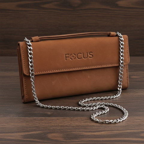 Brown leather wallet with 'FOCUS' branding on a white background