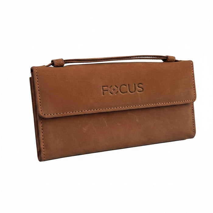 Brown leather wallet with 'FOCUS' branding on a white background