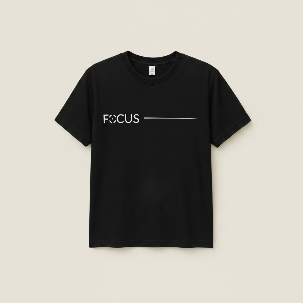 Black t-shirt with 'FOCUS' text on a hanger against a gray background