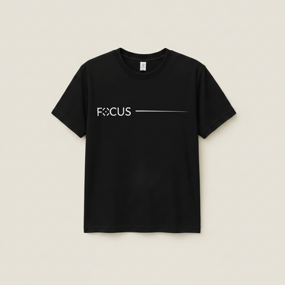 Black t-shirt with 'FOCUS' text on a hanger against a gray background