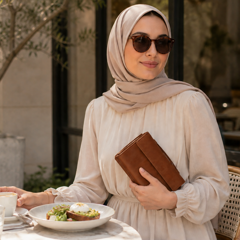 Woman in hijab holding a brown leather case outdoors