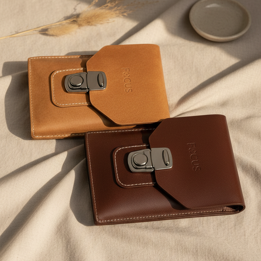 FOCUS Leather Clutch Bag both colours lifestyle shot on linen