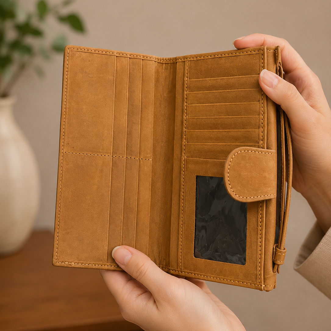 Brown leather wallet held by a hand with a neutral background