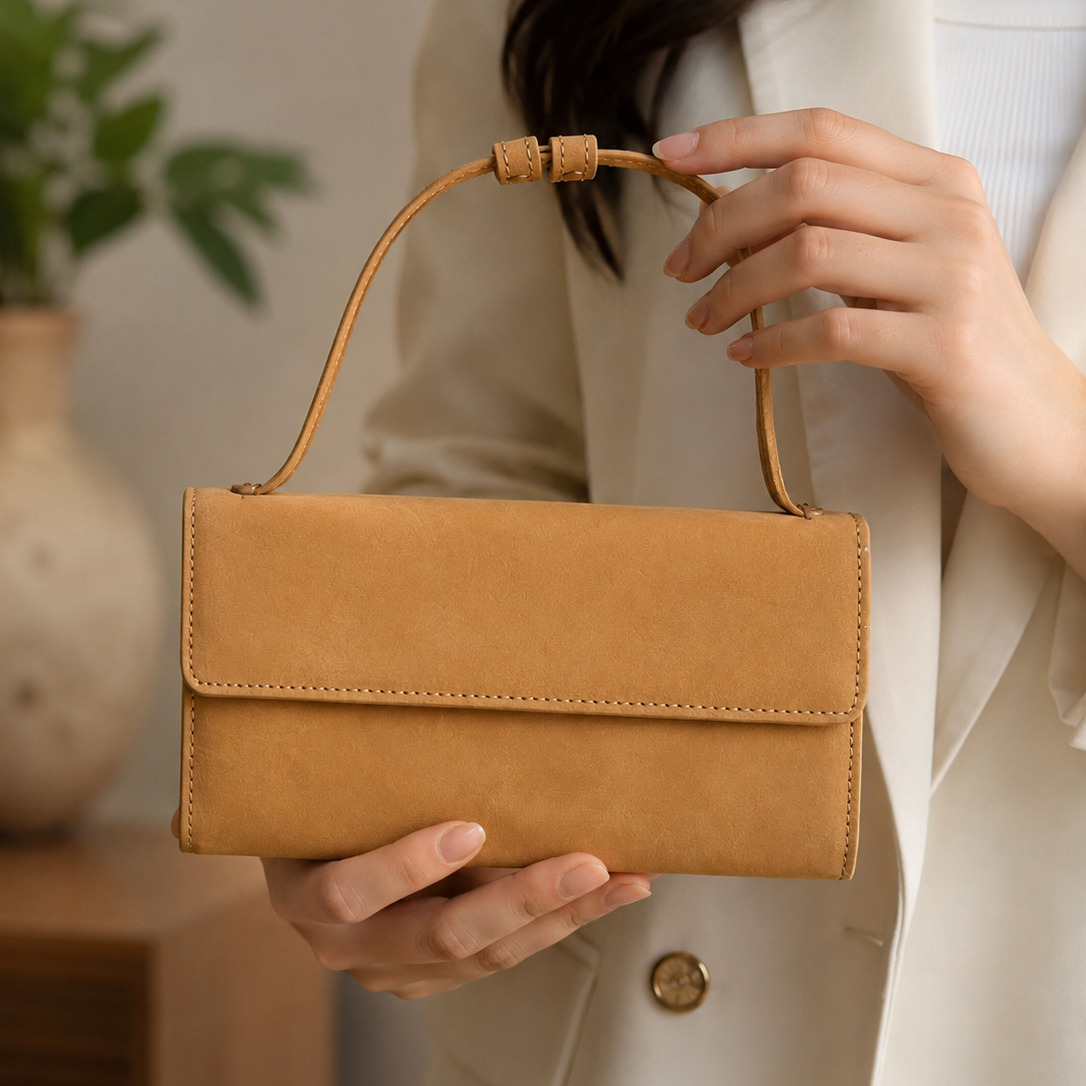 Person holding a tan handbag with a neutral background
