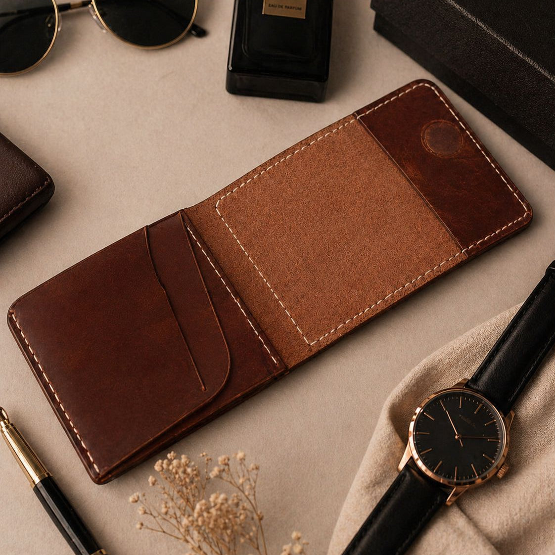 Brown leather wallet with sunglasses, perfume bottle, pen, and watch on a light surface