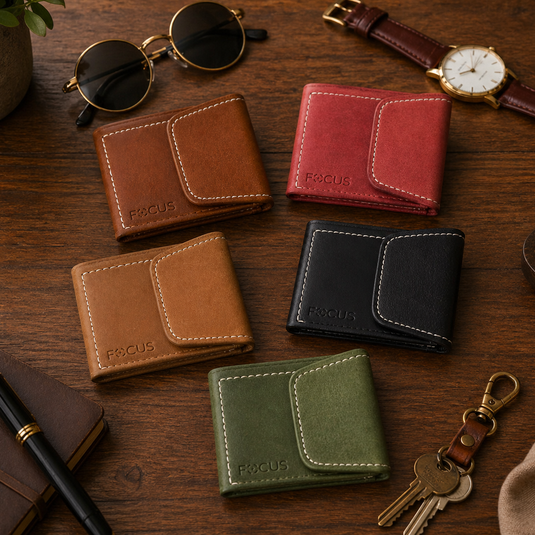 Collection of leather wallets in various colors on a wooden surface with sunglasses, watch, and keys.