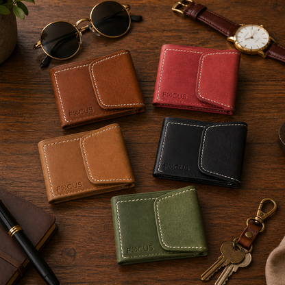 Collection of leather wallets in various colors on a wooden surface with sunglasses, watch, and keys.