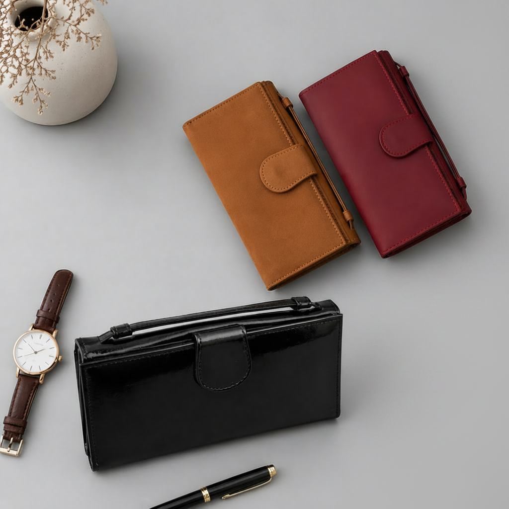Collection of leather wallets in various colors on a light gray surface.